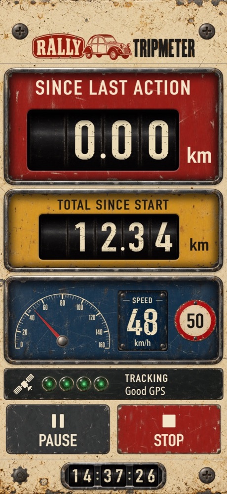Rally Tripmeter main screen: since last action, total since start, speed with speed limit sign