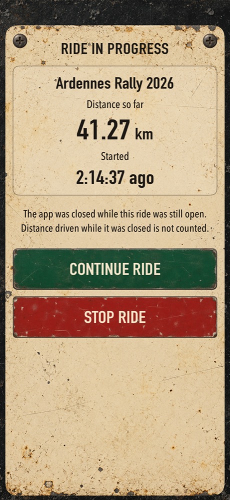 Ride in progress screen after reopening the app