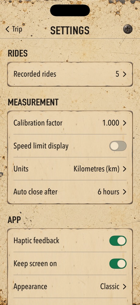 Settings screen with calibration, units and options
