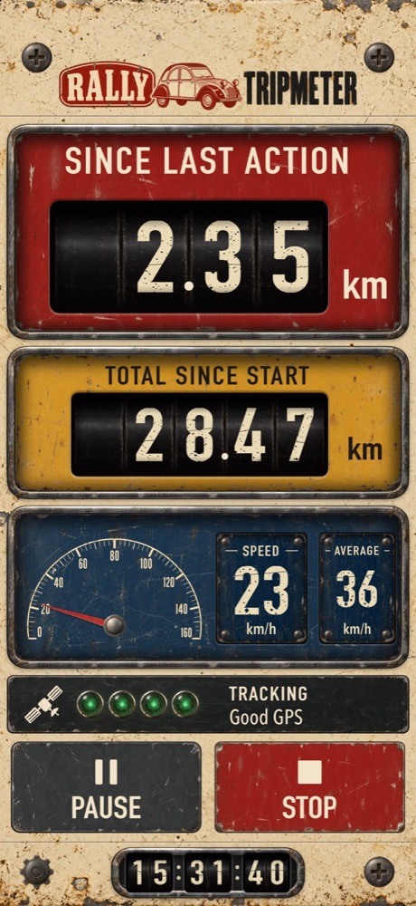 Main screen while driving with 2.35 km since last action