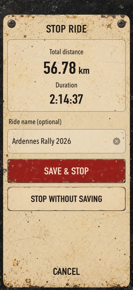 Stop ride screen with distance, duration and ride name